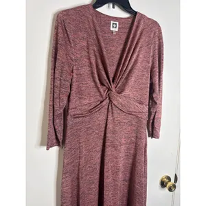 Anne Klein Space Dye Knot Front Midi Dress V-Neck 3/4 Sleeve Pink Combo L thumbnail 2