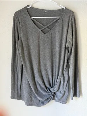 Gray Long-Sleeve Twist-Hem Top with V-Neck and Crisscross Detail Size Large thumbnail 3