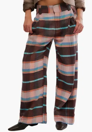 Free People Plaid Back Buckle Cotton Pants Wide Leg Bold Trousers Size 10 NWT thumbnail 1