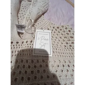 NWT Sincerely Jules Beige 2 Pc Open Knit set Hooded Flare Pants XL Vacation thumbnail 7