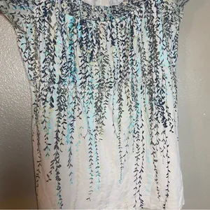 Calvin Klein‎ Jeans White Top with Aqua & Navy Vine Print Earthy summer casual M thumbnail 5