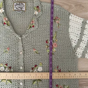 VTG Large Short Sleeve Cardigan Button‎ Up Embroidered Floral Sage Green Crochet thumbnail 9