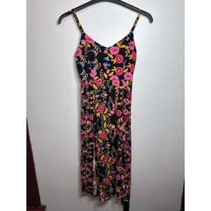 Express Floral Rayon Midi Sundress Black Pink Yellow Slit Smocked Back Women thumbnail 2