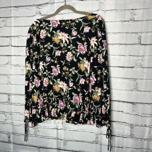 American Eagle Black Floral Tie-Front Blouse M Silky Viscose Resort Casual Top thumbnail 9