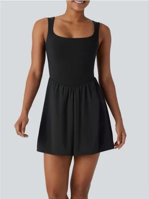 NWT Halara Breezeful Square Neck Active Dress M Black Built In Shorts Pockets thumbnail 1