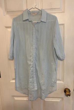 Solitaire Swim Light Blue Swiss Dot Button Up Cover Up Shirt L Coastal Resort thumbnail 1