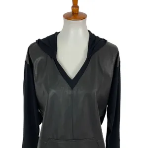 Donna Degnan Black Hooded Tunic Top Faux Leather Front V-Neck Medium 1692Y8 thumbnail 2