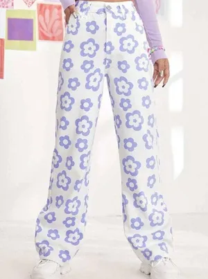 SheIn Purple Floral White Denim High Waisted Pants thumbnail 1