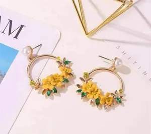 Women's Pearl Crystal Flower Dangle Drop Hoop Earrings thumbnail 1