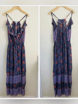 Joie Silk Floral Maxi Dress size S Boho Ruffle Strappy Blue Purple thumbnail 2