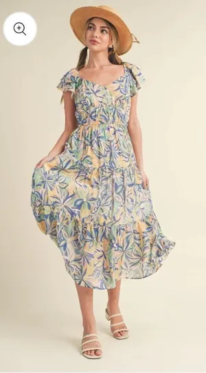 &merci Love Forever Floral Print Cut Out‎ Back Midi Dress Blue Multi M thumbnail 1