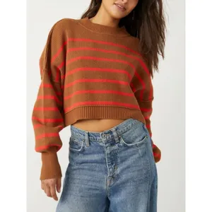 Free People Easy Street Stripe Crop Pullover Sweater Brown Orange Medium thumbnail 3
