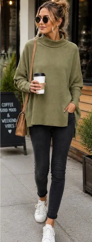 BKE Olive Green Waffle Knit Poncho Sweater Mock Neck Dolman Sleeve Sz S 💚🍄 thumbnail 1