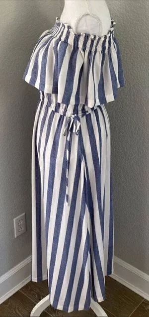 Ark & Co Womens Blue//White Striped Off Shoulder Smocked Maxi Dress Medium thumbnail 1