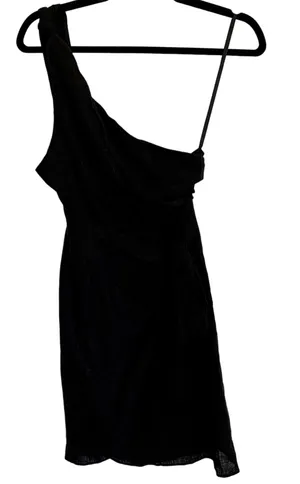 Here Comes the Sun One Shoulder Linen Blend Mini Dress in Black thumbnail 1