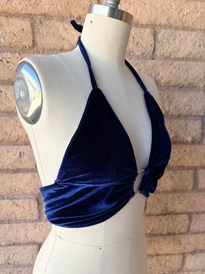 Amazon | Navy Blue Crushed Velvet Ring Halter Crop Top | L thumbnail 2