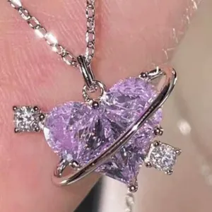 Sweet Violet Heart Saturn Necklace Sterling Silver Chain Celestial Jewelry Gift thumbnail 1