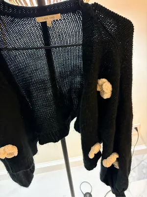 Love Tree Black Cropped Cardigan with Cream Floral Appliqués thumbnail 4
