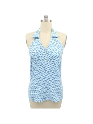 J. McLaughlin Blue White Printed Catalina Cloth Collared Halter Top S thumbnail 2