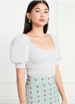 HILL HOUSE The Nap Top White Smocked Cropped Short Puff Sleeve XS NEW thumbnail 1