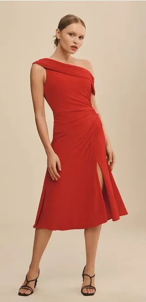 Ieena Mac Duggal Ruched Red Off-The-Shoulder Midi Dress Size 6 Cocktail Wedding thumbnail 1