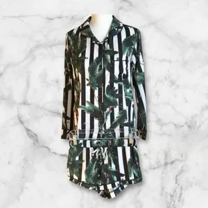 Revolve Plush Tropical Black White Striped Shirt and Short Sleep Set Leaf Print thumbnail 5
