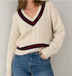 Brandy Melville Cable Knit Varsity V Neck Sweater Cream One Size Preppy thumbnail 1