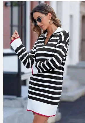 NEW Green Polo V Neck Long Sleeve Dress Striped Mini Sweater Dress S thumbnail 5