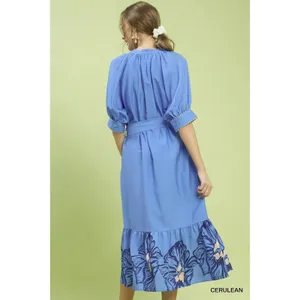Umgee Floral Belted‎ Midi Dress - Cerulean - Small thumbnail 5