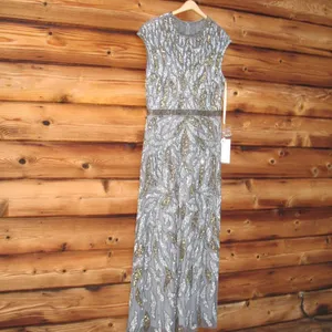 Mac Duggal Size 12 Silver Gray Gold Beaded Cap Sleeve Column Gown Maxi Dress thumbnail 7