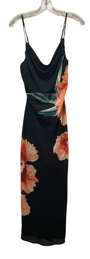 Pretty Garbage Floral Cowl Neck Maxi Dress Black Orange Sleeveless Size Medium thumbnail 1