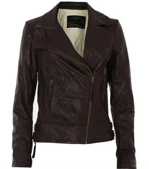 AllSaints Brown Leather‎ Lana Moto Biker Jacket Size 12 thumbnail 1