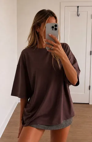 Topshop Oversized Dropped Shoulders Tee in Brown thumbnail 1