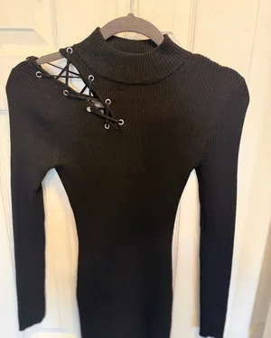No Boundaries Jr. Size Small Black Ribbed Long Sleeve Dress w/ Lace-Up Shoulder thumbnail 1