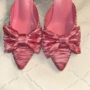 Lulus Rose Pink Satin Textured Bow High Heel Mules(Size 6) thumbnail 5