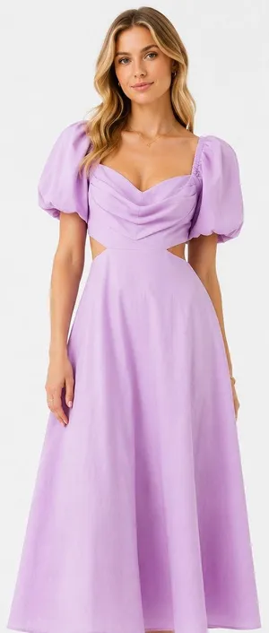 New ASTR the Label Lilac Puff Sleeve Open Back Midi Dress Size M thumbnail 1