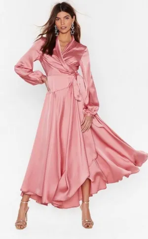 NWT! Nasty Gal Satin Long Sleeve Maxi Wrap Dress Size 6 thumbnail 1