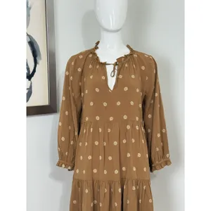 Madewell Women’s Brown Floral Tiered Mini Dress Long Sleeve Peasant Boho Size M thumbnail 3