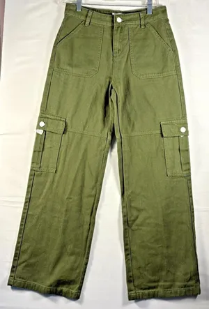 Forever 21 Green Khaki Cargo Casual Pants pockets wide leg‎ travel 26 NWOT thumbnail 1
