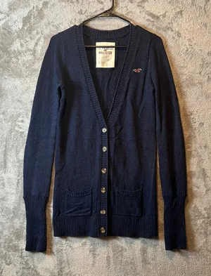 Y2k Hollister Navy Blue Button-Up‎ Cardigan V-Neck Women's Size Large thumbnail 1