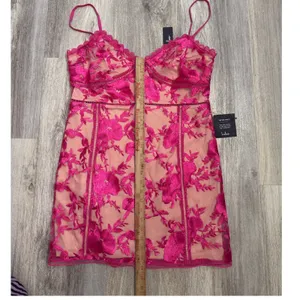 Lulus Magenta Pink Floral Lace Mini Dress Nude Lining Size XL NEW thumbnail 4