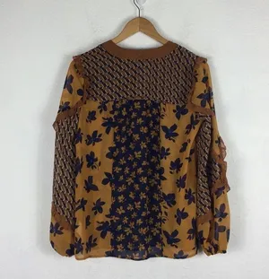 Cabi Harmony Gold Navy Ruffle Floral Peasant Semi Sheer Blouse Top XS thumbnail 14