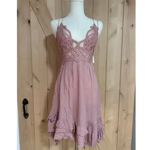 Intimately Free People Adella Crochet Lace Ruffle Slip Mini Dress Rose XS thumbnail 3