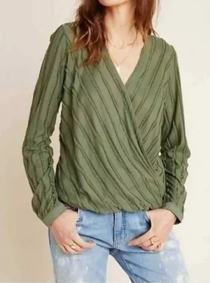 Maeve by Anthropologie Olive Green Striped V-Neck Blouse Longsleeve Size XS thumbnail 1