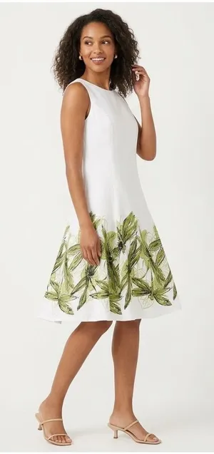 Talbots Womens White Green Dragonfly Linen Blend Fit Flare Dress Size 16 thumbnail 1