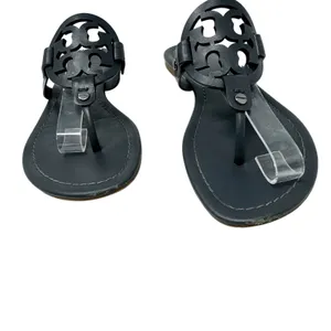 Tory Burch Miller Sandal Gray Leather Thong Flat Logo Size 7.5 thumbnail 2