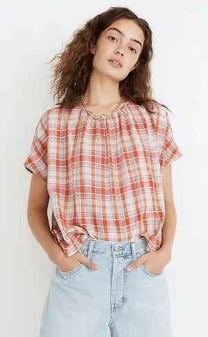 Madewell Orange White Plaid Shirred Cotton Blouse Size XS Oversized Boxy‎ EUC thumbnail 1