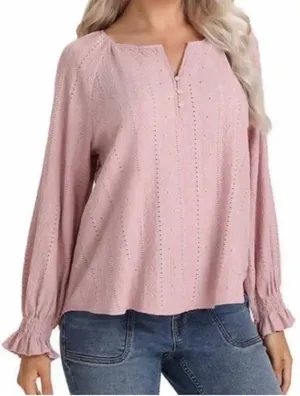 Frye Blush Pink Eyelet Peasant Boho Aztec Print Textured Buttons Blouse SZ L thumbnail 1