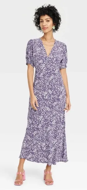 a new day Purple Floral V-Neck Puff-Sleeve Midi Dress thumbnail 1