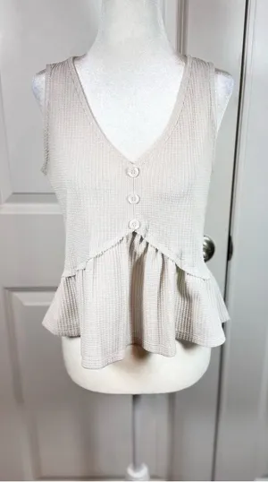 Paper Crane Ivory Peplum Tank Medium Cottagecore Boho Waffle Knit Top thumbnail 1